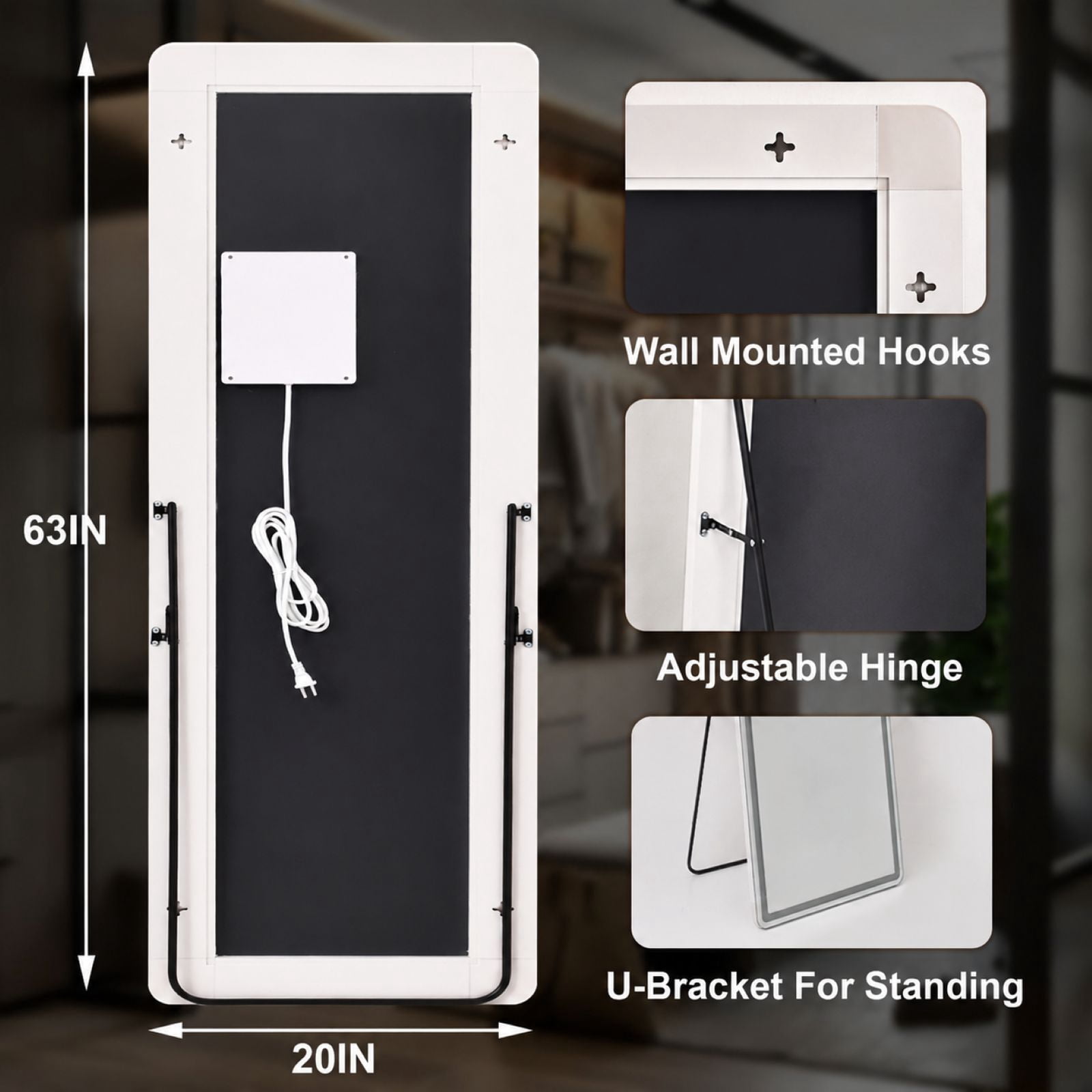 Easy4Home 63" x 20" LED Rectangular Full Length Mirror with Adjustable Lights Standing Mirror Wall Mounted, White