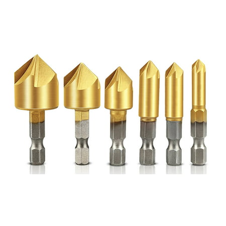 TSV 6 Pcs Hex Shank Five-blade Chamfering Drill Bit High Carbon Steel Titanium Plated Countersink Drill Bits Center Punch Tool Sets for Wood DIY,