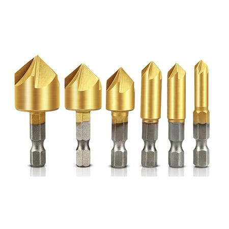 TSV 6 Pcs Hex Shank Five-blade Chamfering Drill Bit High Carbon Steel Titanium Plated Countersink Drill Bits Center Punch Tool Sets for Wood DIY, (The Best Drill Bits For Hardened Steel)