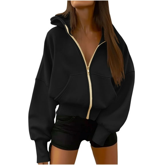 RYRJJ Women's Zip Up Hoodie Sweatshirt Y2K Fall Fashion Outwear Coat Long Sleeve Loose Fit Pockets Casual Trendy Hooded Jacket(Black,L)