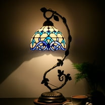 Bedside Lamp, Tiffany Style White Blue Stained Glass Table Lamp, Banker Desk Light , Metal Leaf Thin Base 21" Tall, Living Room Bedroom Country Farmhouse Industrial Rustic WERFACTORY LED Bulb Included