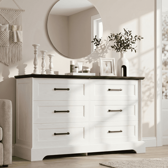 Homall 47'' Wide 6-Drawer Wood Dresser for Bedroom, Large Storage Cabinet with Anti-Tip Safety and Modern Arch Design, Double Classified Storage Organizer Chest for Living Room, Black and White