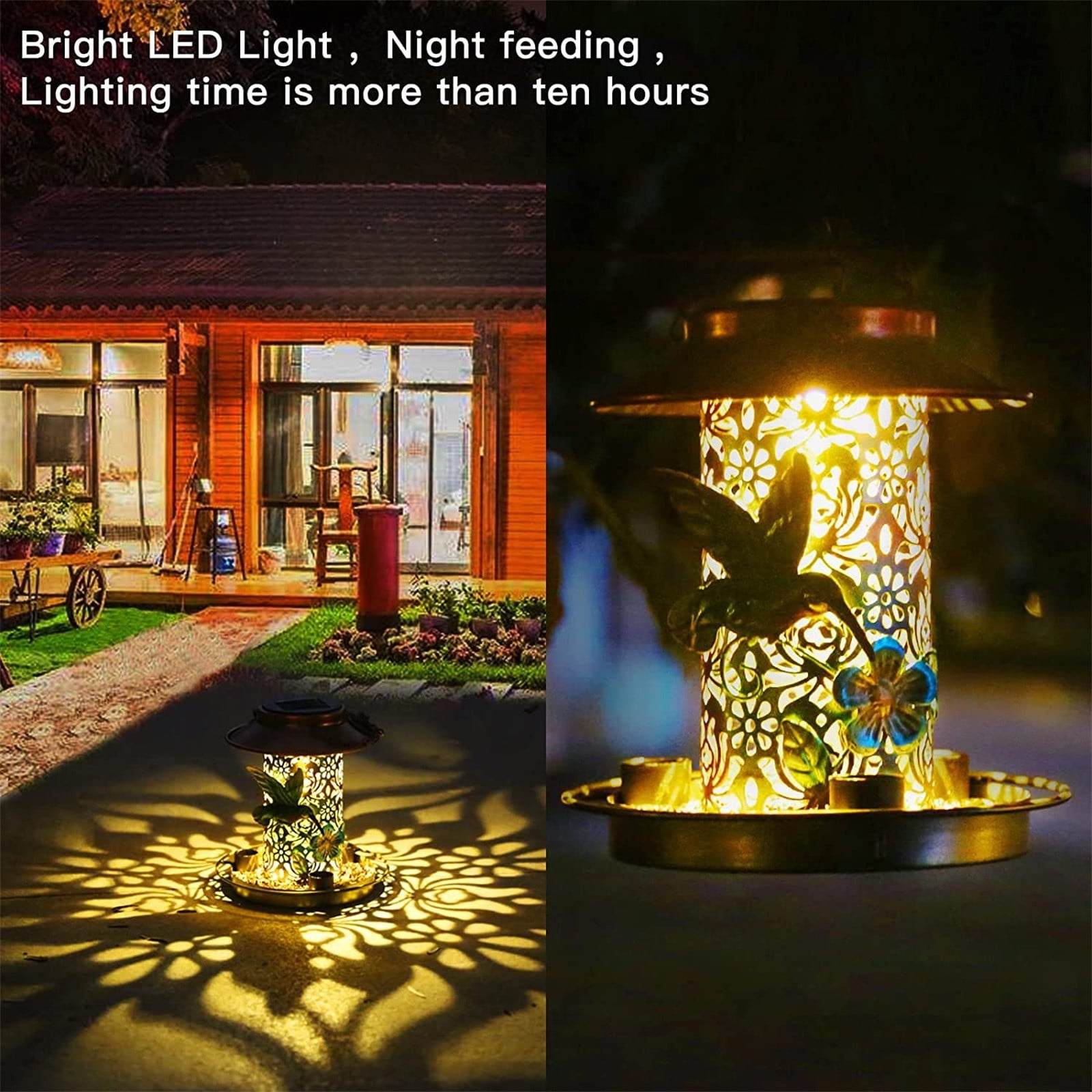 LACKUST Bird Feeders Outdoor Clearance,Antique-Style Solar LED Hanging Bird Feeder with Metal Wrought Iron,Brown