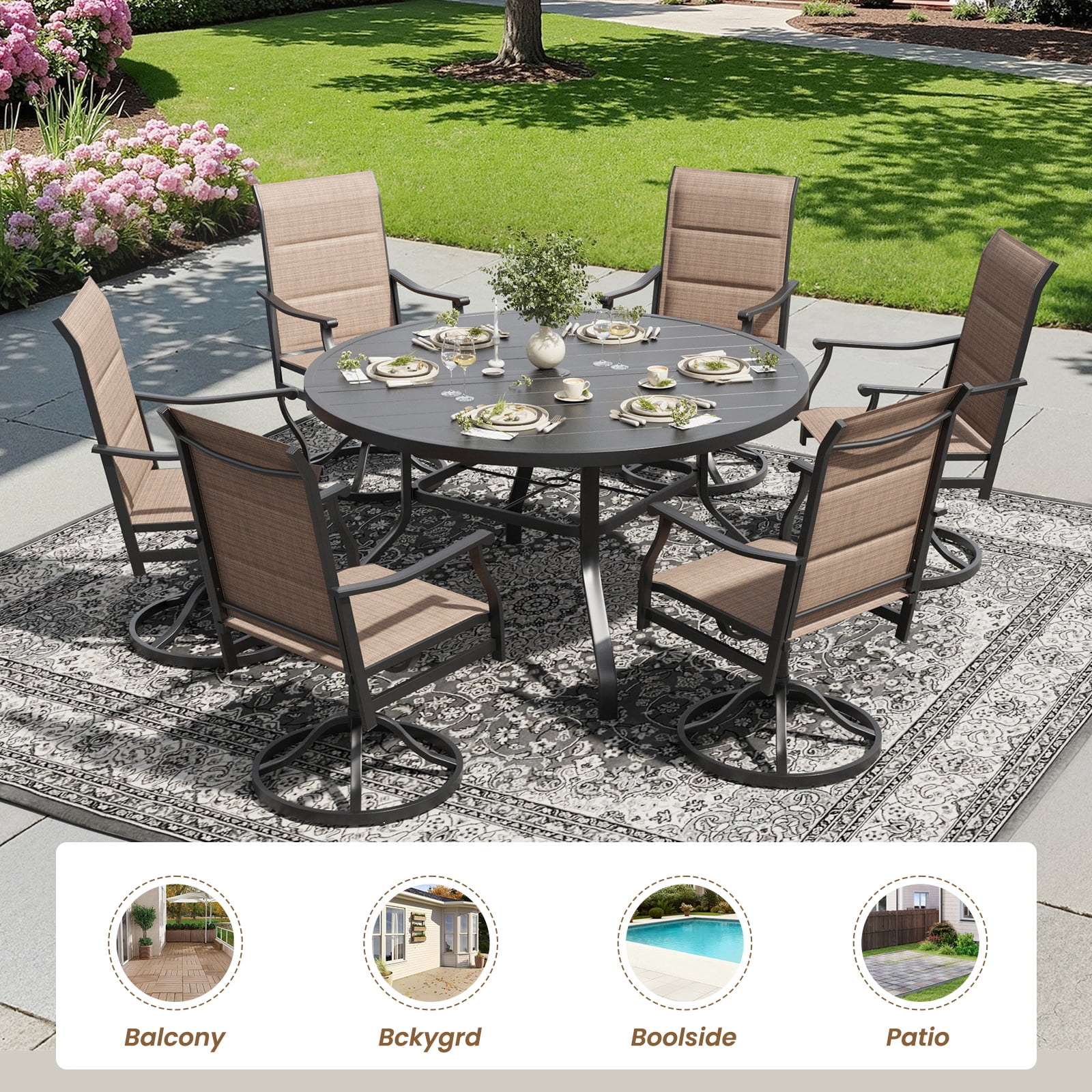 STARY 7 Pieces Outdoor Dining Set with 1.57" Umbrella Hole, Patio Swivel Dining Textilene Chairs and 47.2" Iron Round Table for 6 People, Poolside