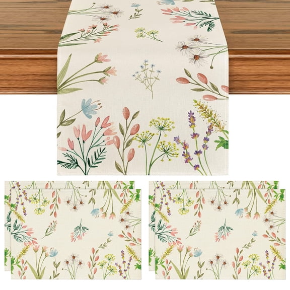 Tripumer Table Runners and Placemats 5 Piece Set Linen Texture Floral Wildflower Kitchen Dining Decor