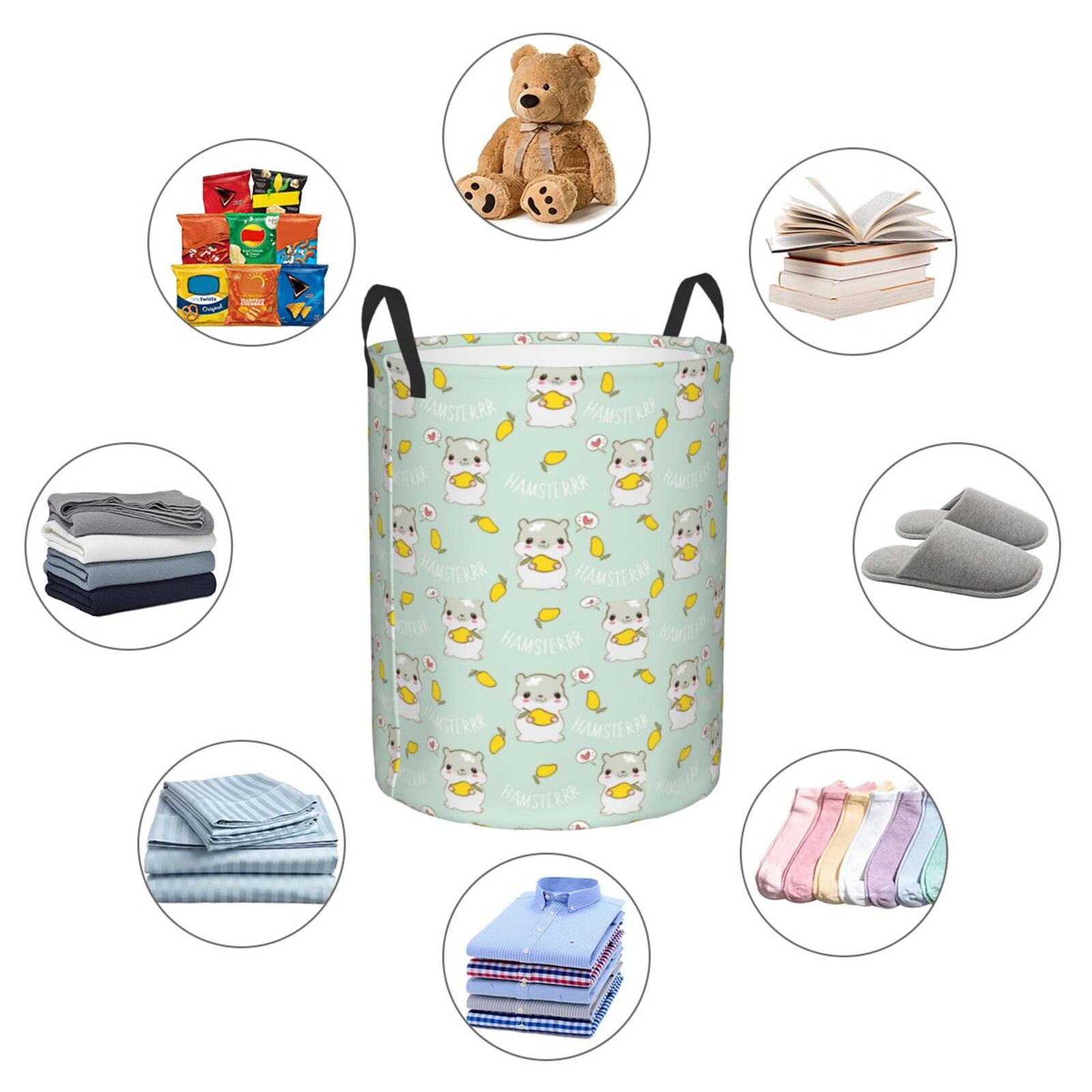 Large Laundry Basket with Handles - Cartoon Cute Hamster Mango Green Kids Baby Dirty Clothes Laundry Hamper for Bedroom Aesthetic