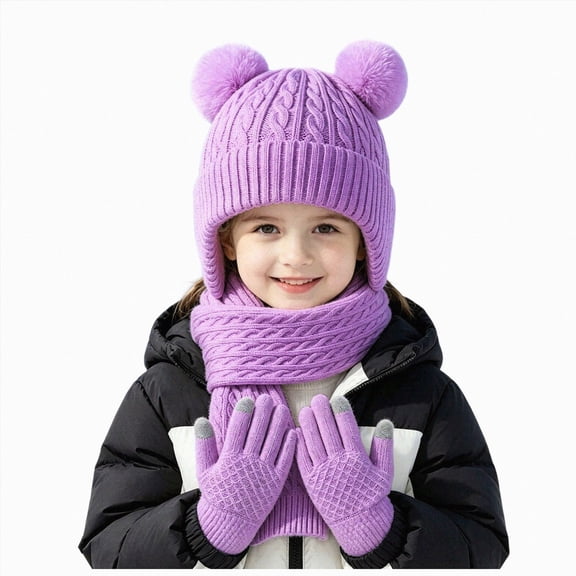 KPOPLK 3Piece Girls Boys Solid Color Beanie Hat Glovs Set Fleece Lined Winter Hat with Pom Pom for Cold Weather(3-8 Years,Purple)