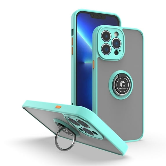 SaniMore for iPhone 14 Pro 6.1" Multi-Functional Magnetic Case, Translucent Matte Back Case with Car Mount & 360° Rotatable Ring Kickstand Shockproof Protective Cover, Blue & Orange