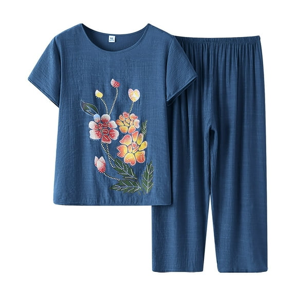 Bjutir Womens Outfit Set Elderly Floral Print Summer Suit Mother Short Sleeve Cotton Silk Elderly Summer Clothes Trousers Suit Two Piece Set Blue 2Xl