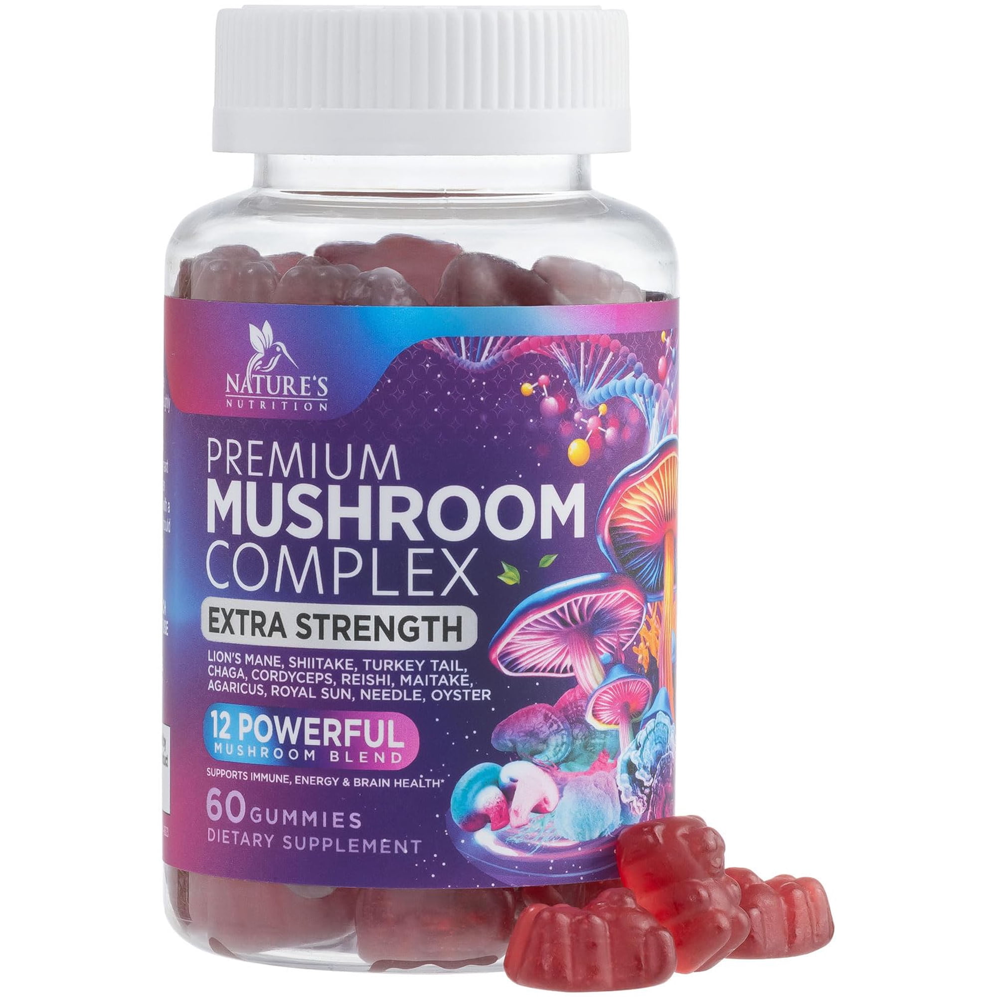 Mushroom Gummies Supplement 12 in 1 - High Grade Blend for Adults - Lions Mane, Reishi, Cordyceps, & Chaga Mushroom Complex Gummy - Memory & Immune Support & Nootropic Brain Supplements - 60 Gummies