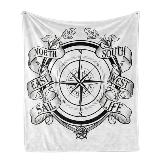 Compass Soft Flannel Fleece Blanket, Navigation Device Direction Flares Sail Life Marine Inspired Windrose Work of Art, Cozy Plush for Indoor and Outdoor Use, 50" x 70", Black White, by Ambesonne
