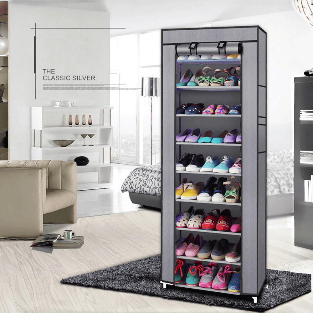 Hassch 63" Tall Shoe Rack with Cover, 10-Tier Stackable Shoe Shelf, Sturdy Storage Organizer with Side Pockets for Entryway Garage, Gray