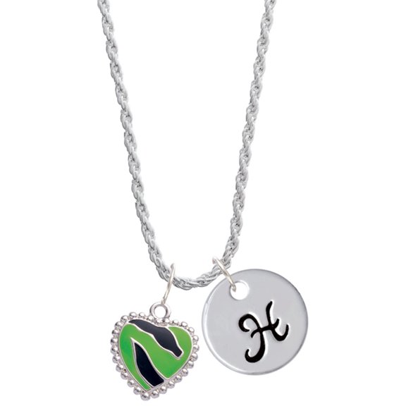 Delight Jewelry Silvertone Lime Green Zebra Print Heart Silvertone Script Initial Disc - H - Charm Necklace, 20"+3"
