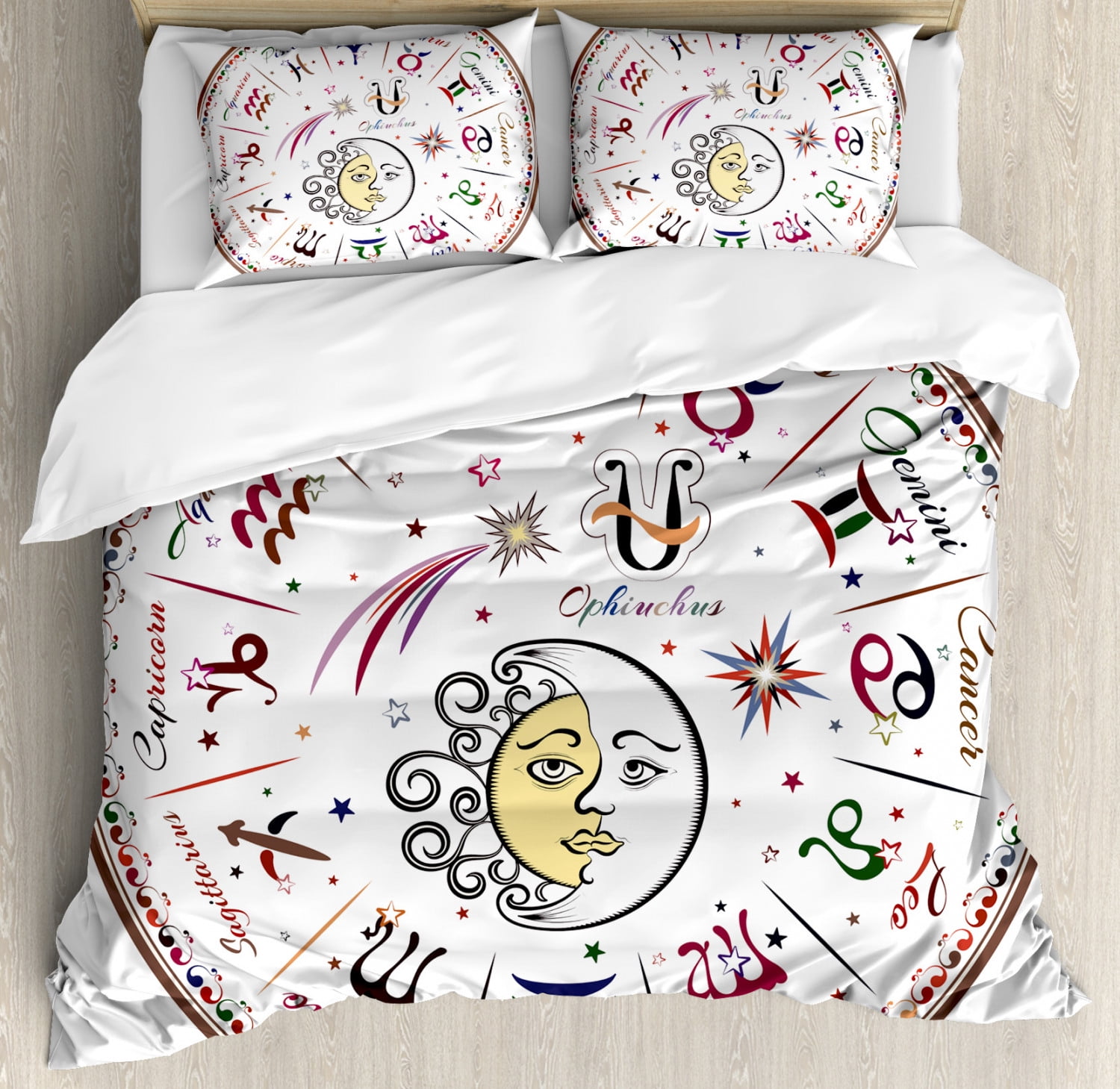 Zodiac Decor Queen Size Duvet Cover Set, Division of Colorful Astrology Icons Map with Most