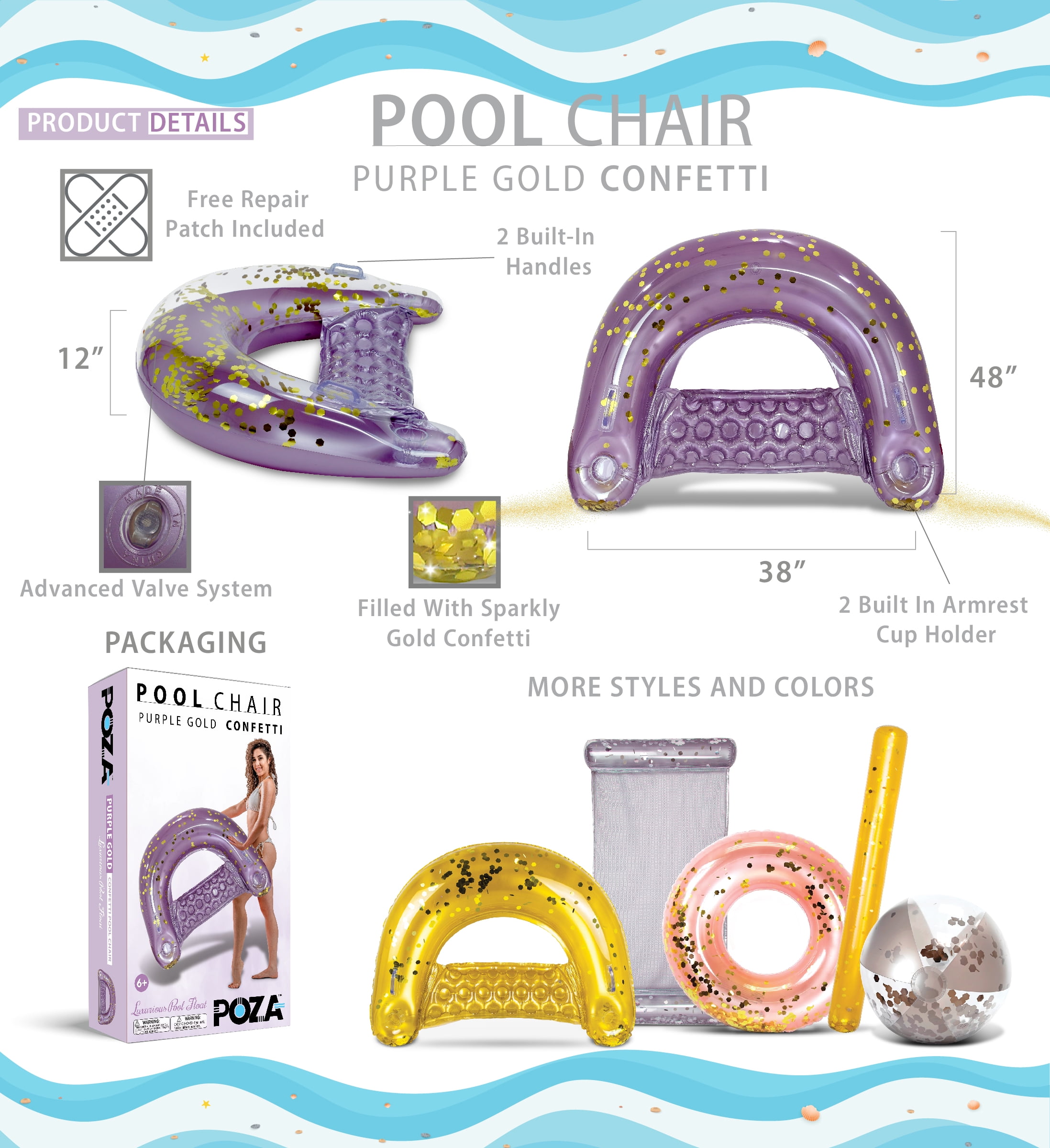 POZA Inflatable Pool Float Chair - Sparkle Confetti Lounge Inflatable Pool Floats, 2 Built-In Cup Holders and Handles, Adult Lounger Floating Chair for Beach, Lake - 48x38 Inches - Purple Gold