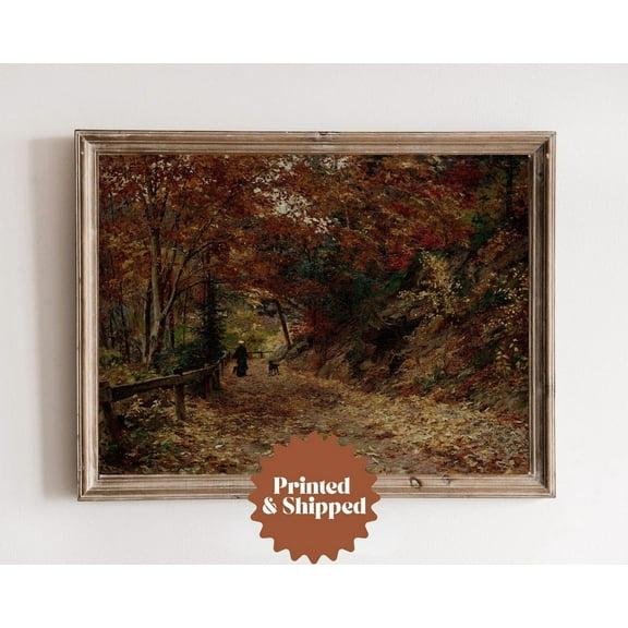 Modroom Woman and Dog on Autumn Lane Vintage Print, Rustic Cottage Fall Wall Art Decor, 8x12 UNFRAMED