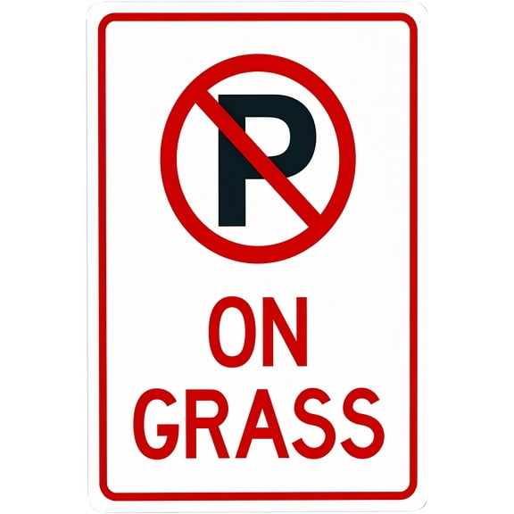 On Grass with No Parking Symbol - 8"x12" Metal Security Tin Warning Sign, Grass Parking Decor for Street Business Home Wall Outdoor