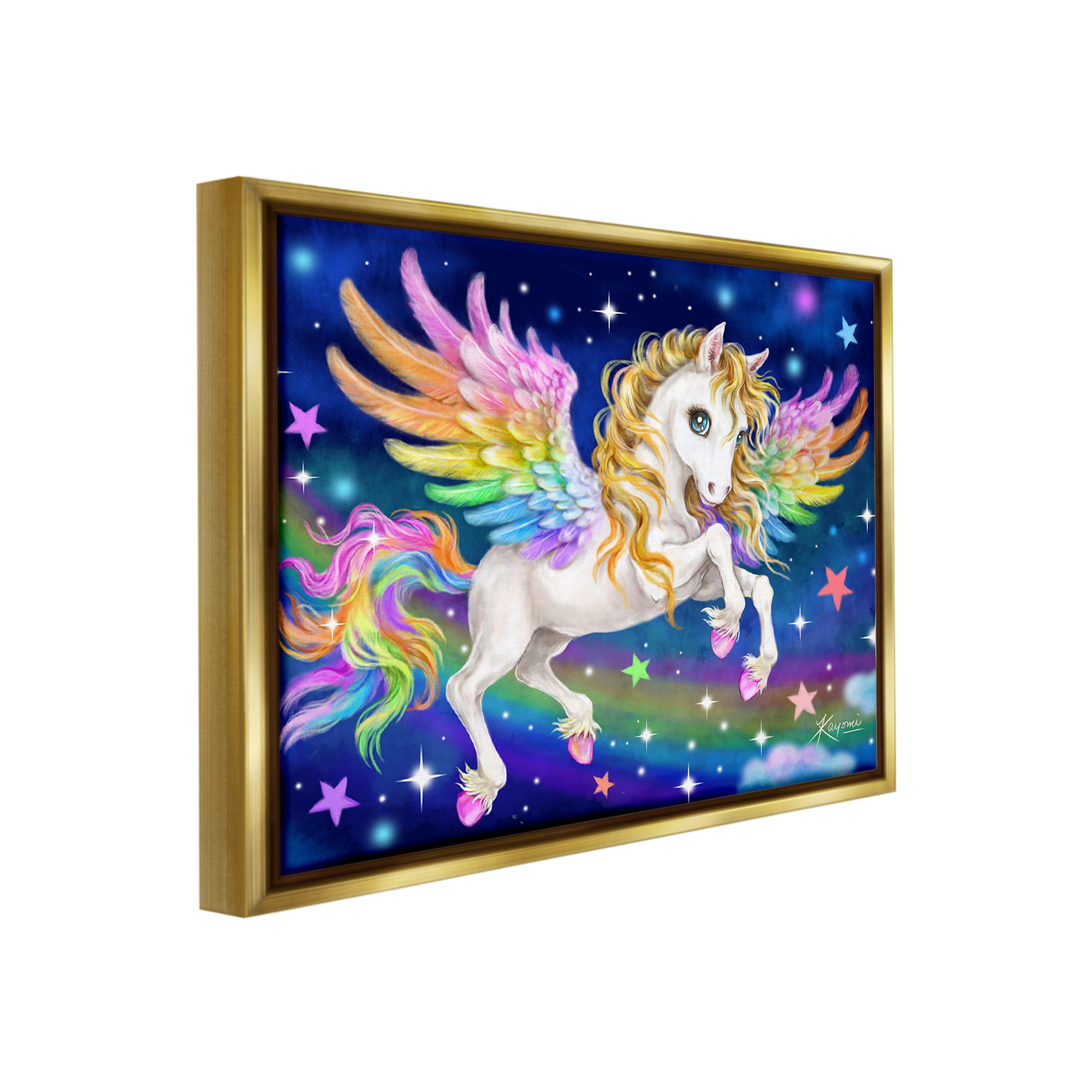 Stupell Industries Rainbow Unicorn in Space Fairy Tales & Fantasy Painting Gold Floater Framed Canvas Art Print Wall Art, 31 x 25