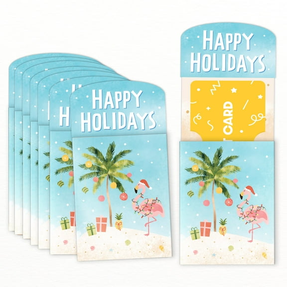 Big Dot of Happiness Beach Christmas Gift Card Holders with Envelopes, Tropical Holiday Party Cash Money Holders and Gift Card Sleeves, Palm Tree & Flamingo Happy Holidays Nifty Gifty Pack, Set of 8