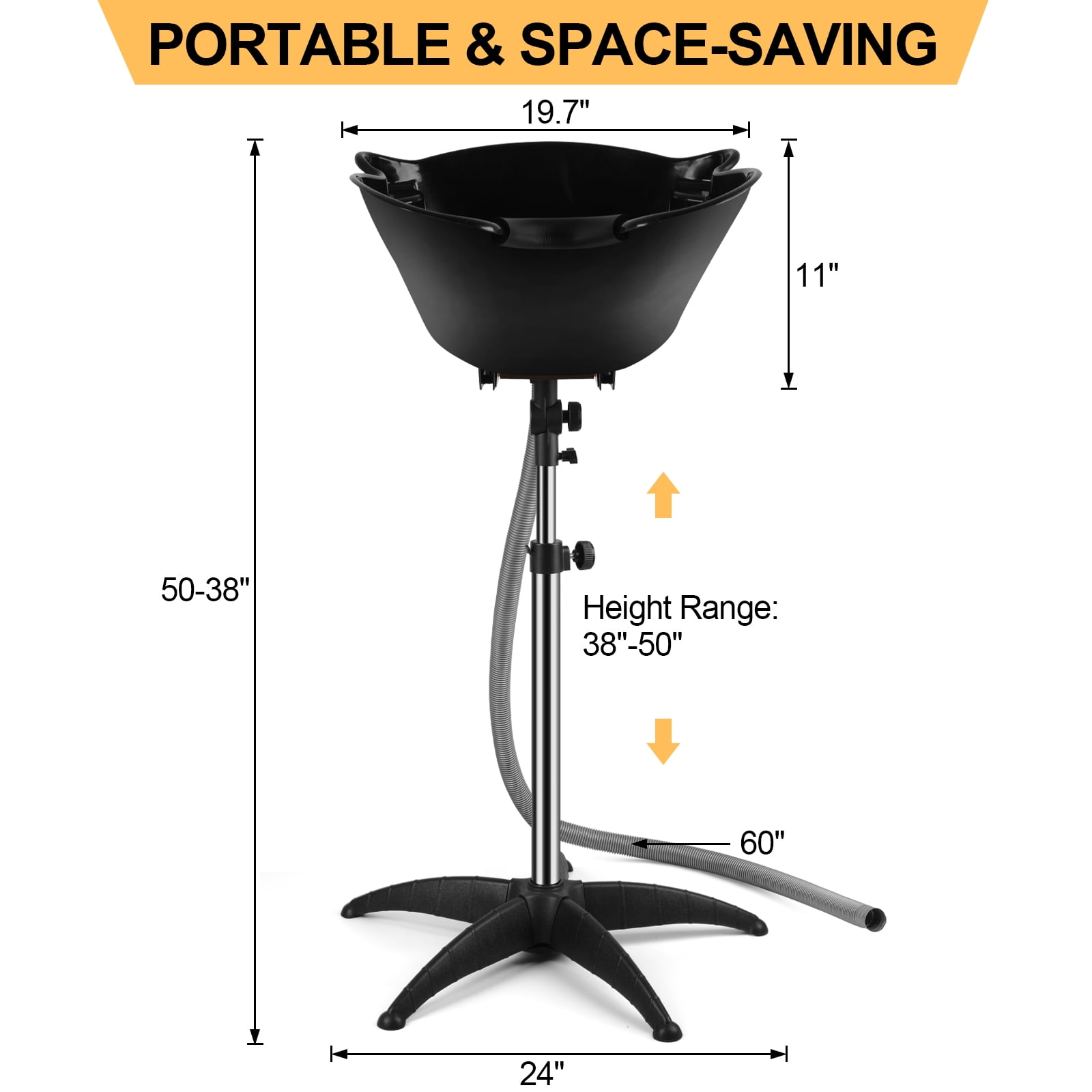 Portable Shampoo Bowl, 270 Degree Rotation of Hair Washing Basin, Height Adjustable Salon Sink with Drain Hoses for Home Salon Use (Black)