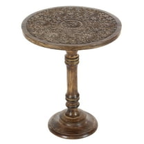 DecMode Mango Wood Traditional Carved Floral with Exposed Wood Grain Accent Table 17"W x 21"H, with a Dark Brown Finish