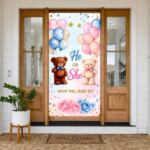 Cute Teddy Bear Gender Reveal Banner Blue Pink Watercolor Backdrop Glitter Stars Floral Decor Display for Baby Shower Gender Reveal Party Photo Shoot