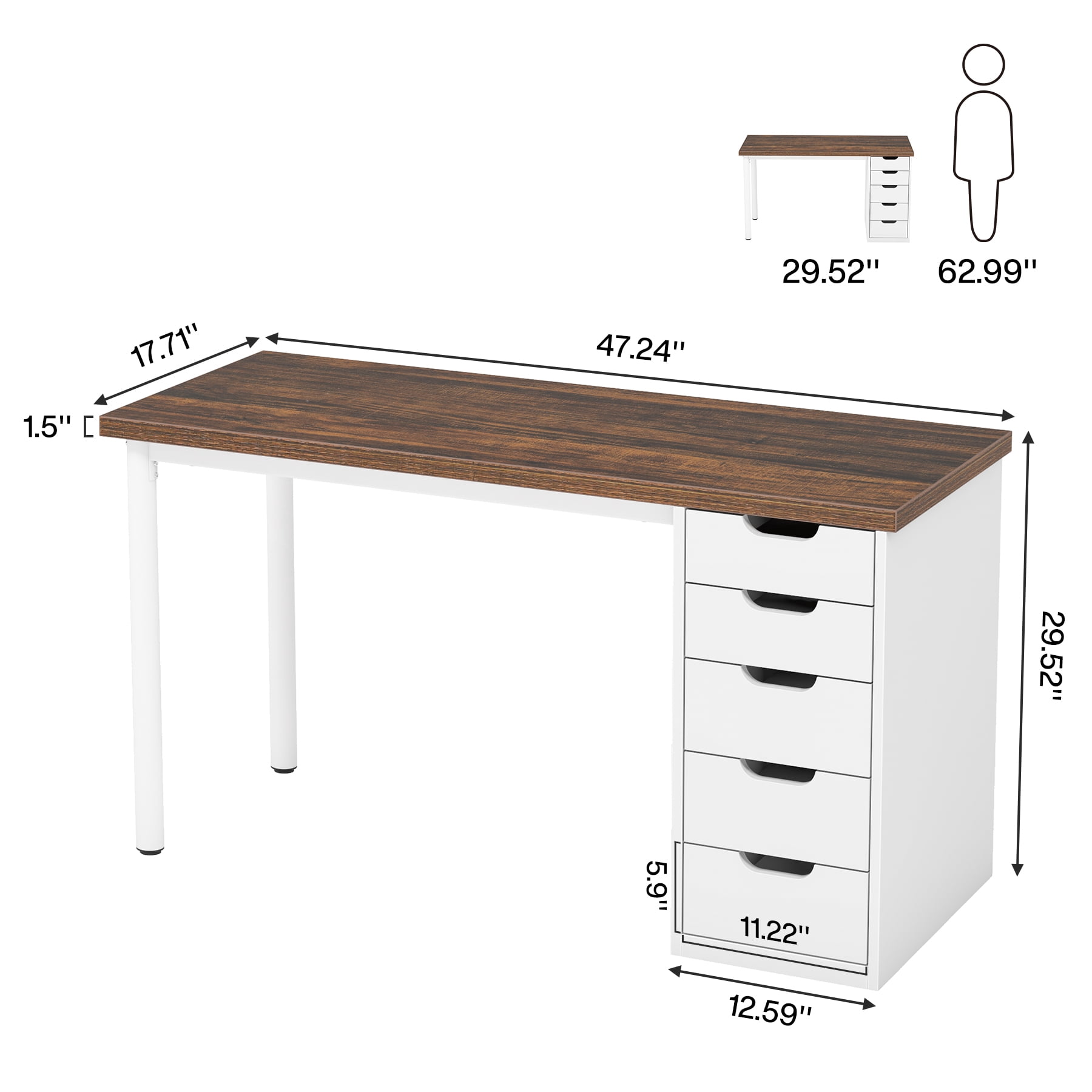Fnova 47.24" Computer Desk with 5 Drawers, Reversible File Cabinet, Writing Workstation for Home Office Bedroom Study Makeup Vanity Desk Furniture