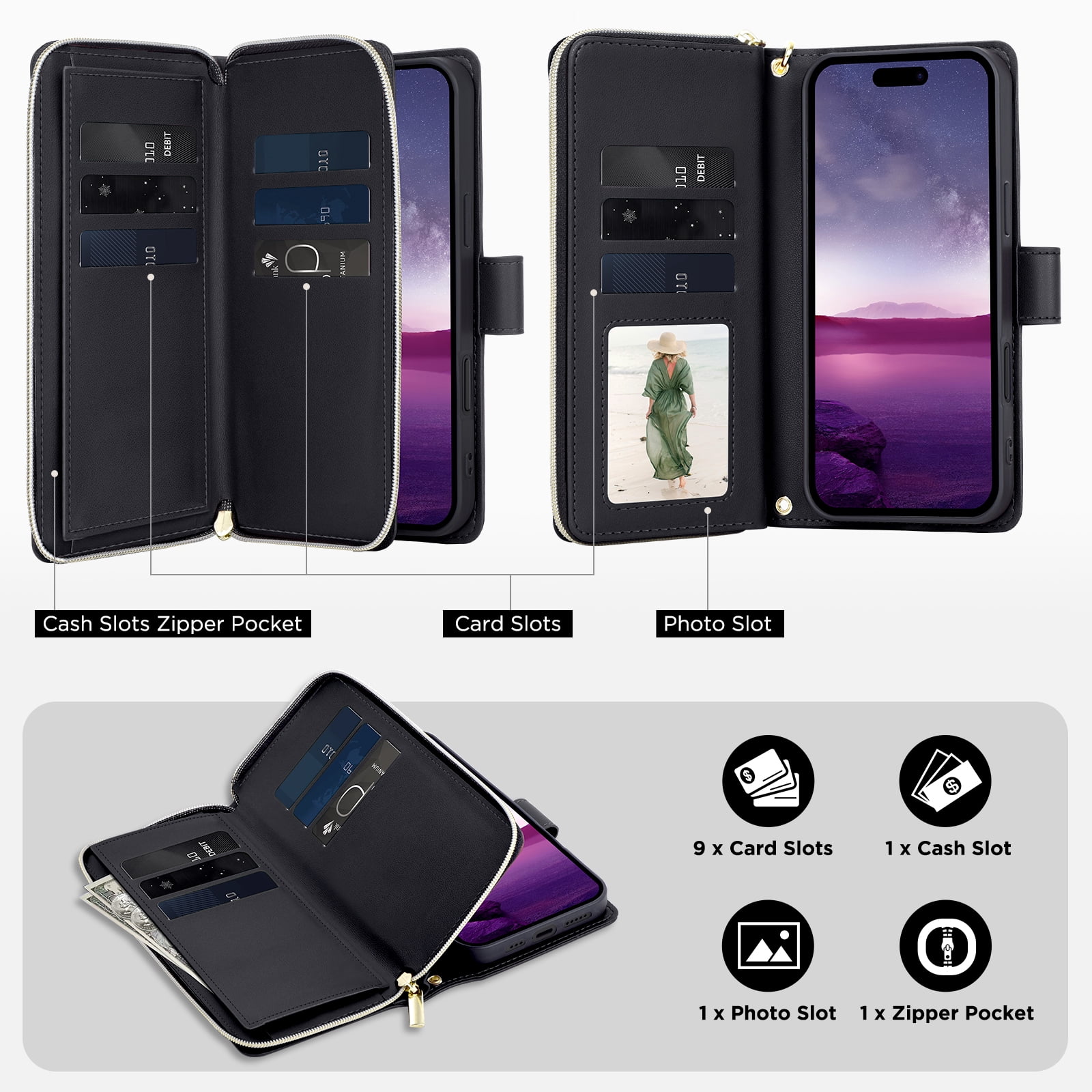 Compatible for iPhone 12 Pro / 12 6.1" Wallet Case, Crossbody Strap PU Leather Folio Phone Cover, Zipper Handbag Purse with Card Holder Lanyard Flip Stand for iPhone 12 Pro / 12 6.1", Black