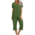 thumbnail image 2 of Liquidation d'Économies d'Été Iumwxz Tenues de Pyjama Décontractées et Fluides Grande Taille Tenues d'Été Mode Graphique Col Rond Manches Courtes Taille Élastique Pantalon Court Ensembles Assortis pour Dames Fête, 2 of 6