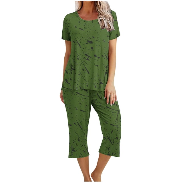 Pijamas de Verano para Mujeres, Suelto Impreso Manga Corta Superior Y Pantalones Recortados, Cuello Redondo Casual