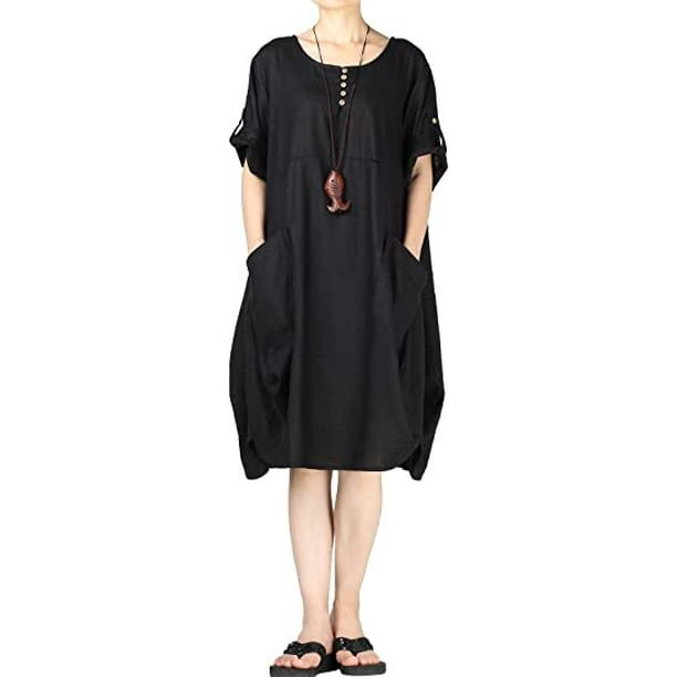 YOMYM Women's Cotton Linen Dresses Plus Size Summer Roll-up Sleeve ...
