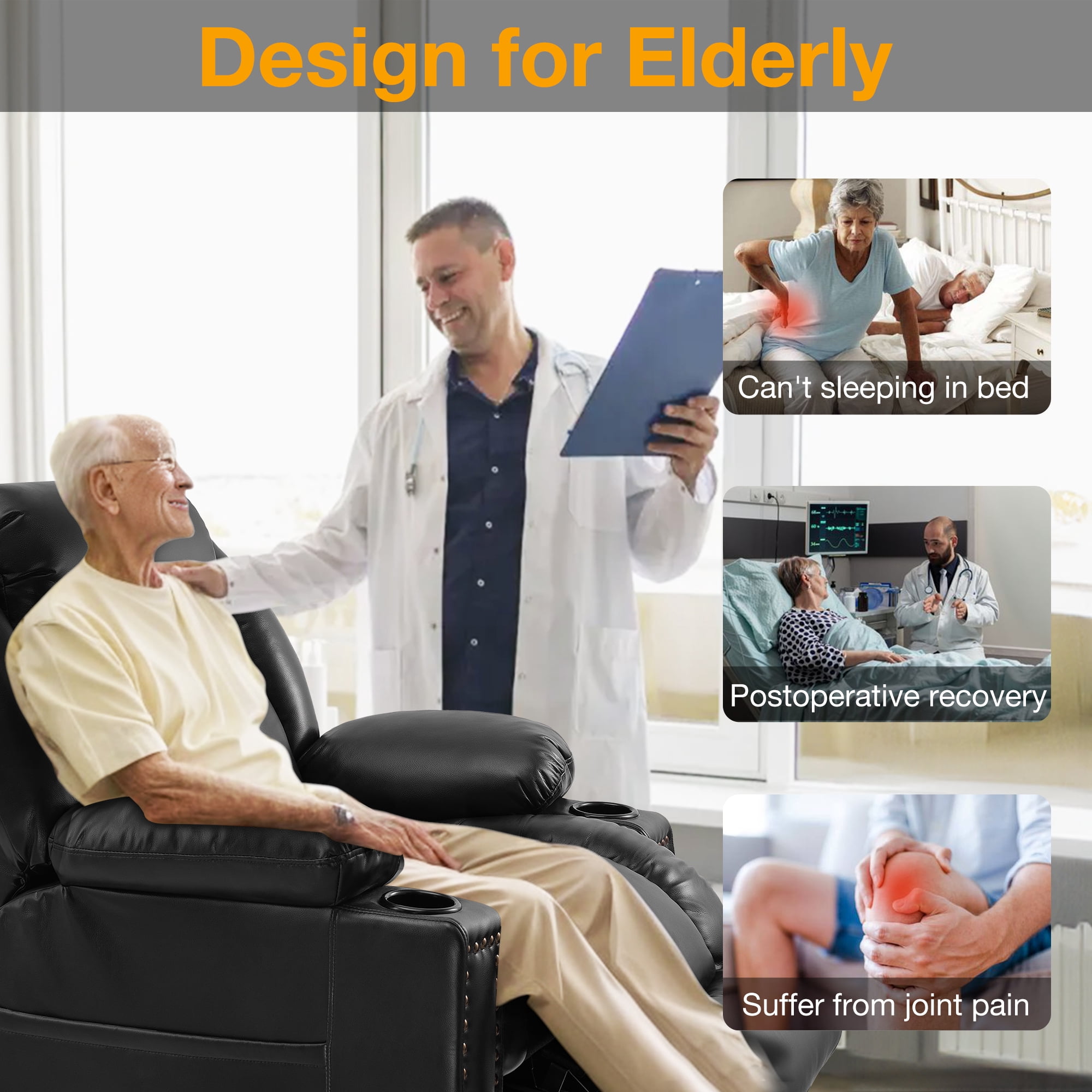 Triple Motor Large Power Lift Recliner Chair for Elderly with Heat and Massage, Lay Flat Lift Chairs for Seniors Infinite Position, Extended Footrest, USB Ports, Cup Holder, Faux Leather