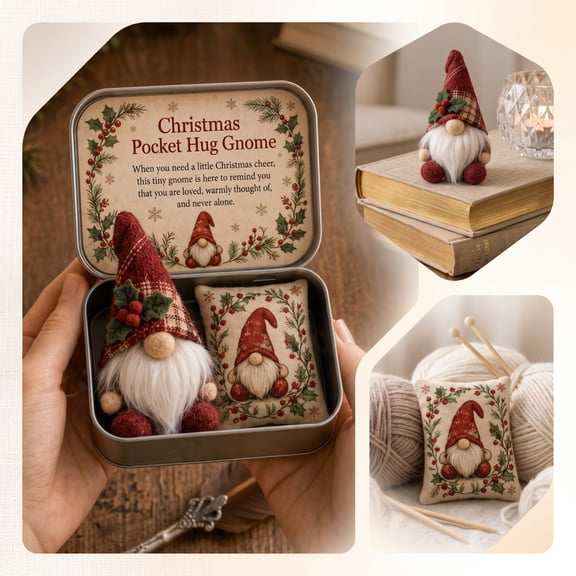 Pocket Hug Christmas Gnome Gift Set in Tin, Mini Red Plaid Gnome Keepsake, Vintage-Style Metal Keepsake Tin with Message Insert