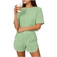 thumbnail image 3 of Tqcoqu Women's Eyelet Embroidery 2 Piece Outfit, Crew Neck Short Sleeve Top & Elastic Waist Split Hem Shorts, Breathable Summer Loungewear Pajama Set for Women﻿,Green Women's M-XXL, 3 of 6