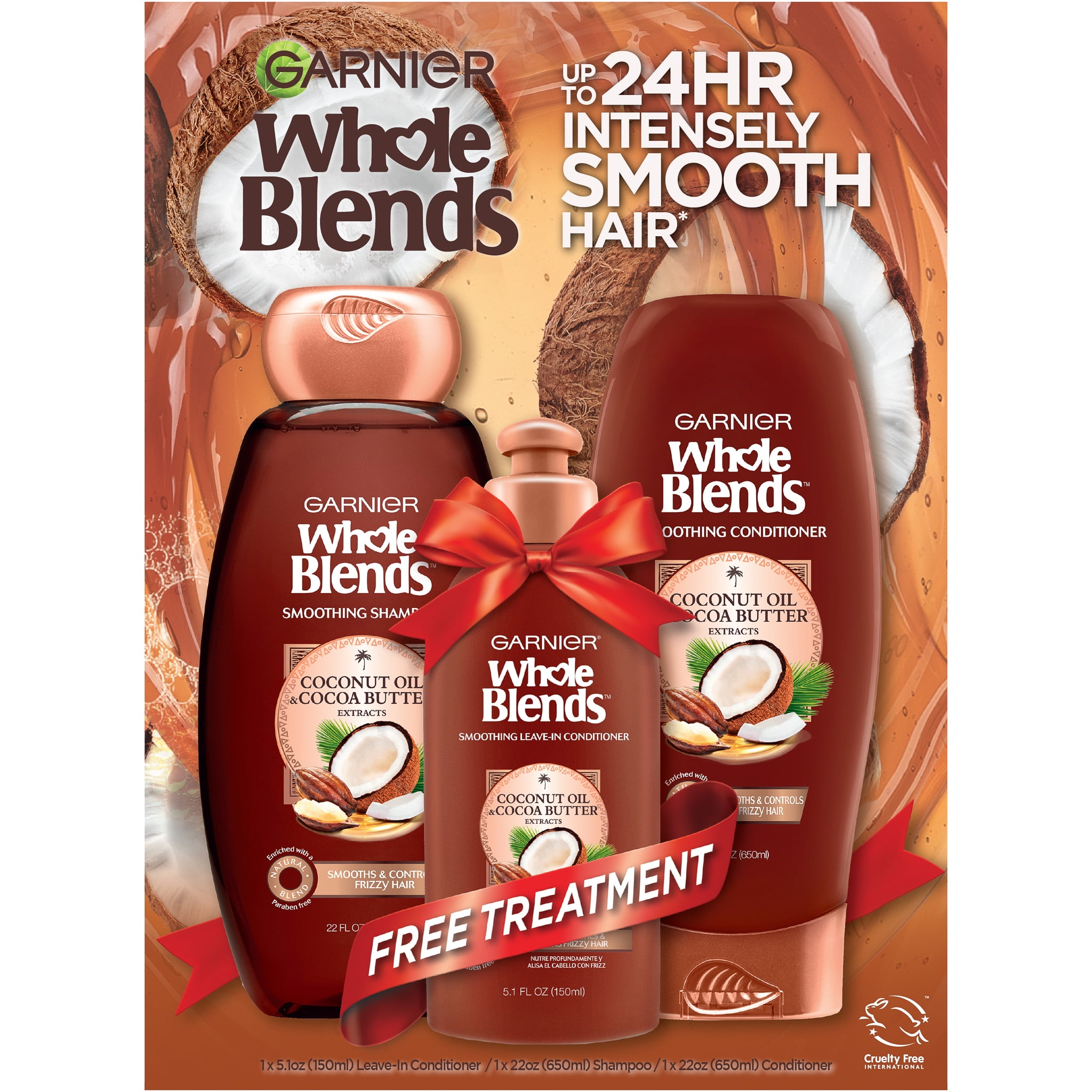 ($16 Value) Garnier Whole Blends Shampoo, Conditioner and Treatment for Frizzy Hair, 1 Kit