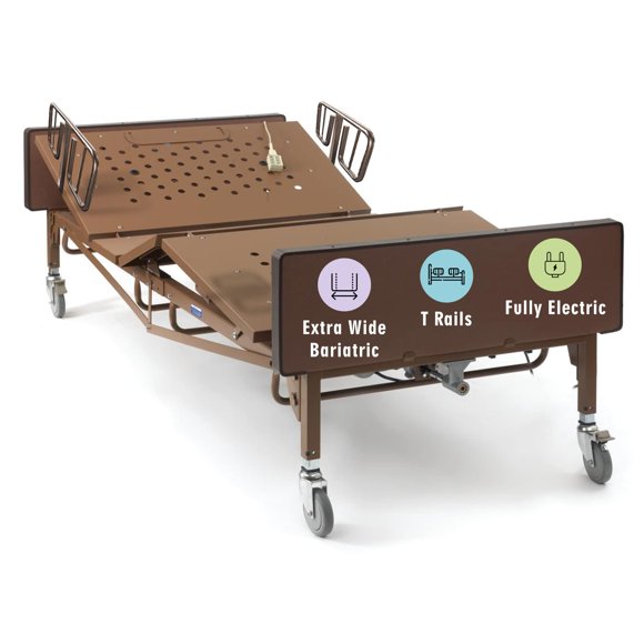 Lit d'Hôpital Bariatrique Entièrement Électrique avec Matelas en Mousse et Rails en T Inclus - Extra Grand, Robuste - Capacité de Charge de 80” x 42”, 600 lb - pour Soins à Domicile et Établissements Médicaux
