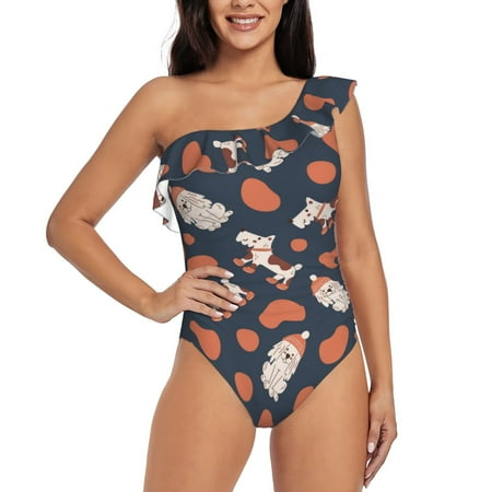 Gukieu Funny Dogs Print One-shoulder Ruffled One-piece Swimsuit with Removable Chest Pads and Tummy-control Swimsuit for Women-XX-Large