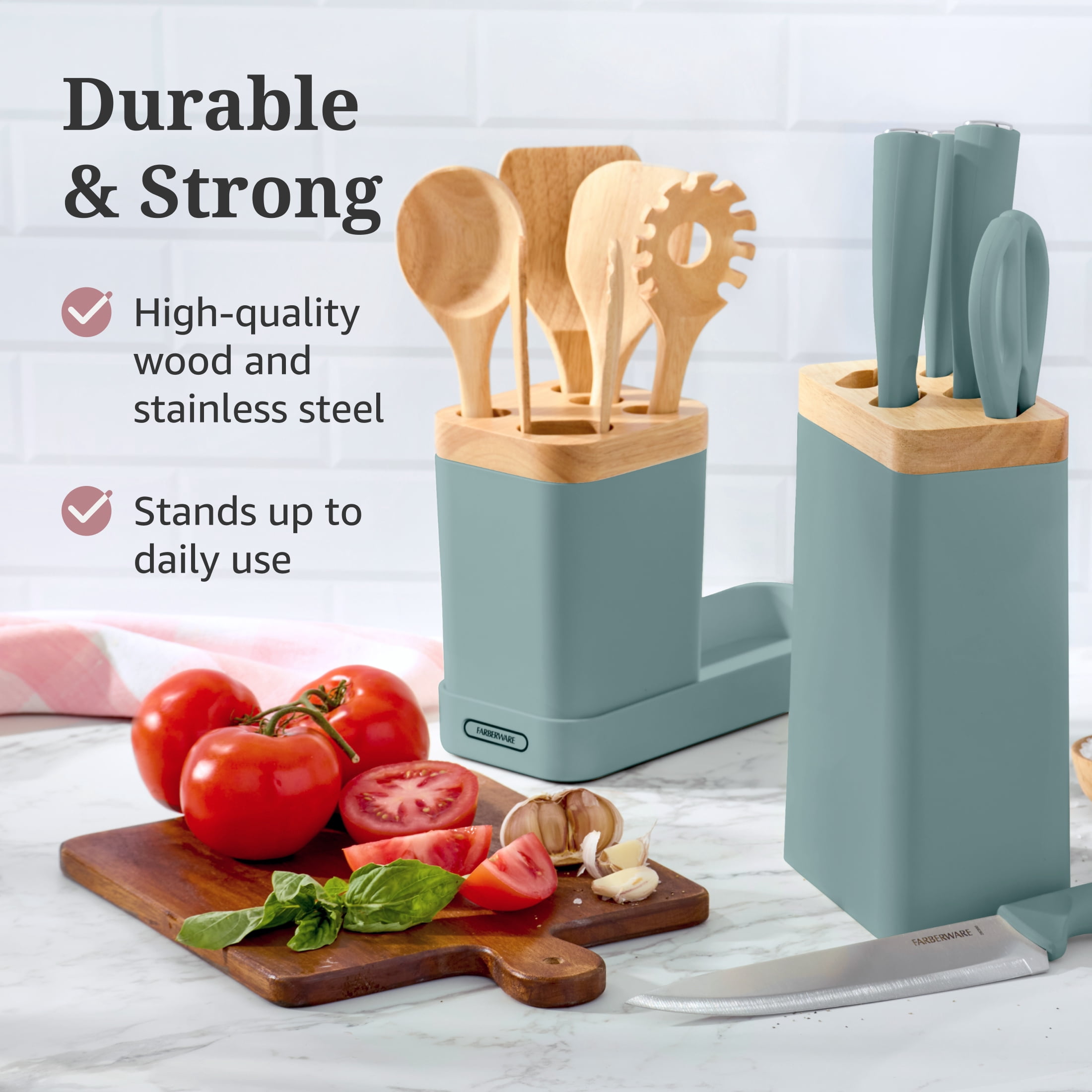 Farberware Professional Wood Kitchen Utensil and Knife Set with Counter Storage Sage, 13-Piece