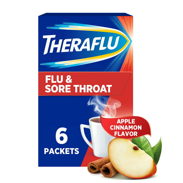 Theraflu Flu & Sore Throat Apple Cinnamon Hot Liquid Powder for Cold & Flu Relief, 6 count