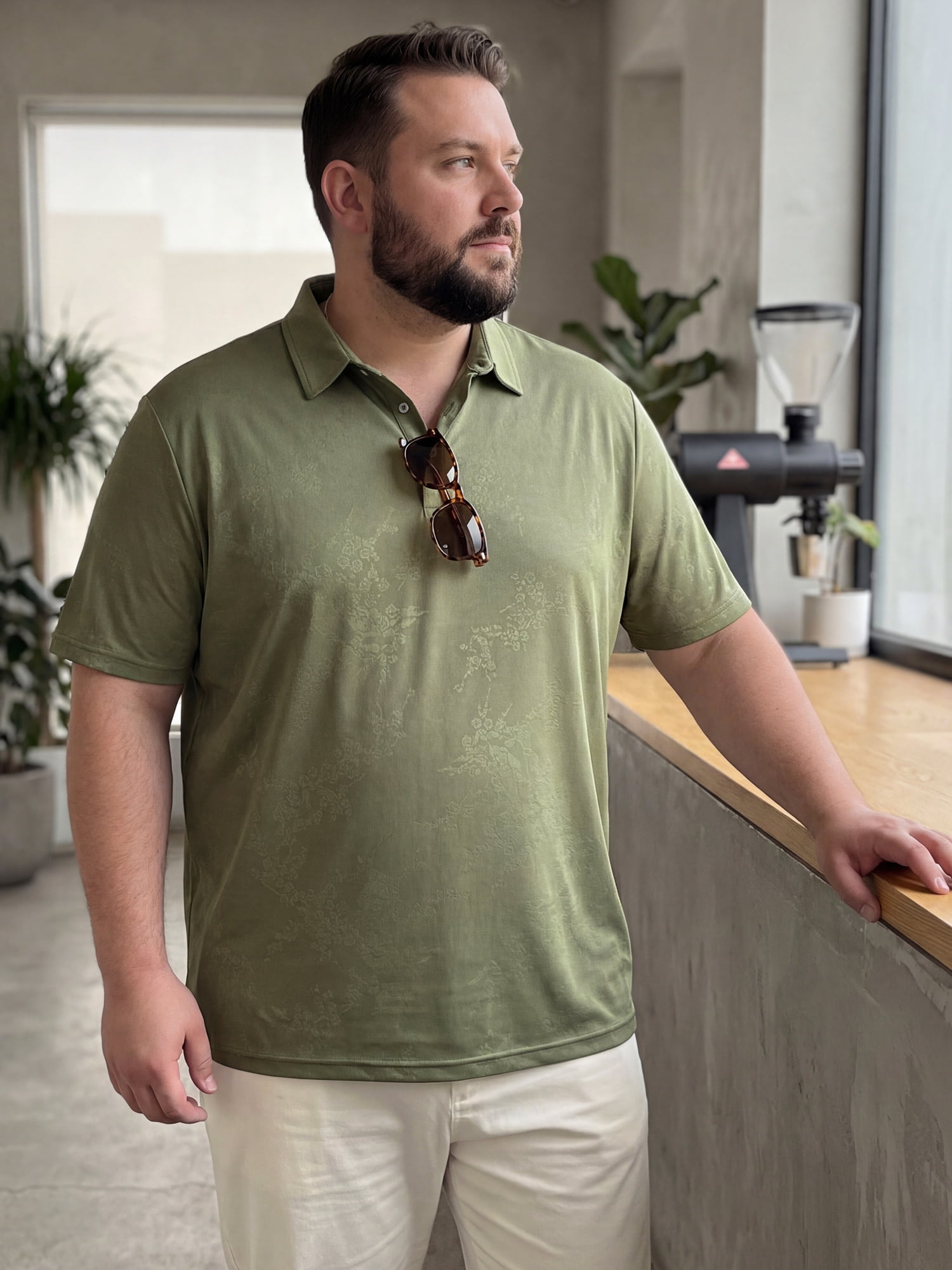 DARING DIVA Men's Big Tall Leaf Printed Short Sleeve Casual Polo Shirts 2XL Olive Green
