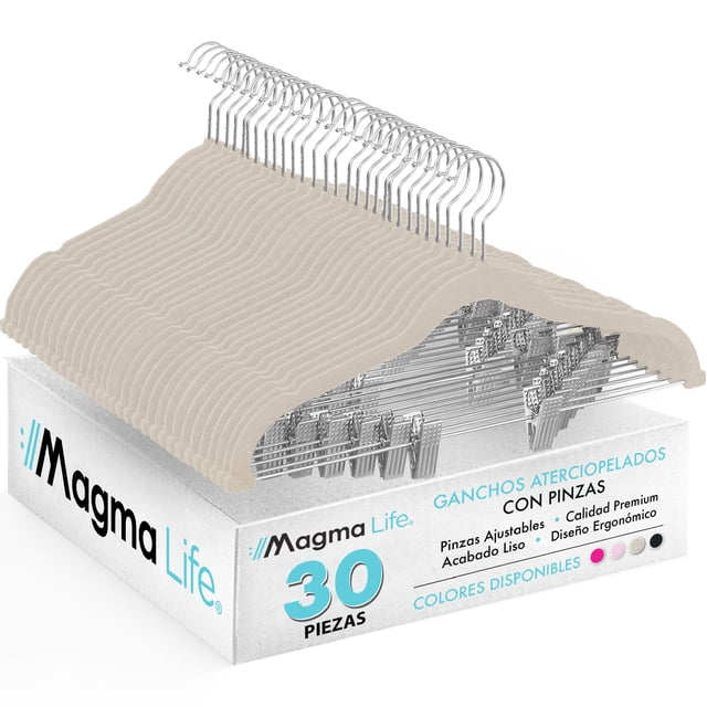MAGMALIFE Set de 30 Ganchos de Terciopelo con Pinza Ajustable, 42 cm, Ganchos Antideslizantes y Resistentes, con Gancho Giratorio, Ideal para Pantalones, Faldas, Jeans y Camisas (Beige)
