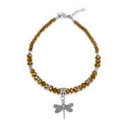 Besheek Copper Crystal & Silvertone Dragonfly Charm Adjustable Beaded Anklet