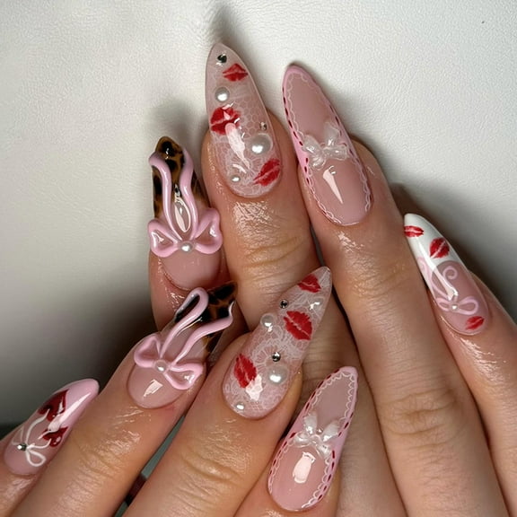 Almond Press on Nails Fake Nails Glossy Acrylic Artificial Nails on Nails for Womens 24Pcs 12Sizes Glues On Nails