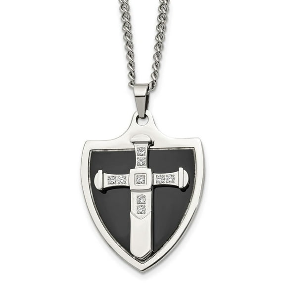 Auriga Stainless Steel Black IP-plated with CZ Cross Shield Pendant Chain Necklace for Men 24"