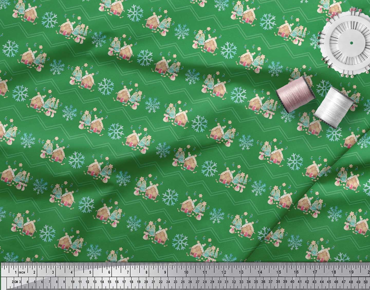 Soimoi Green Poly Georgette Fabric Snowman & Snowflake Christmas Decor Fabric Printed Yard 52 Inch Wide