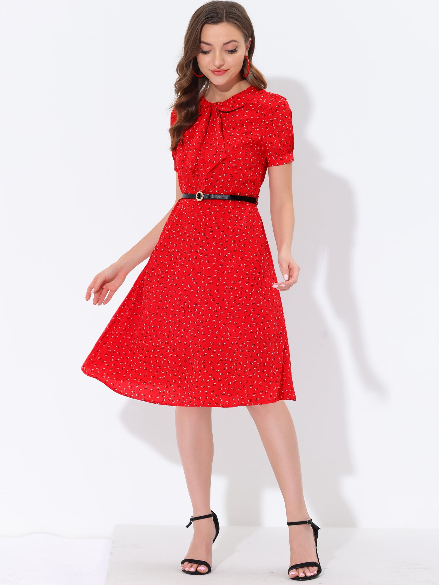 DARING DIVA Peter Pan Collar Tie Neck Elegant Floral Dress with Belt S Red