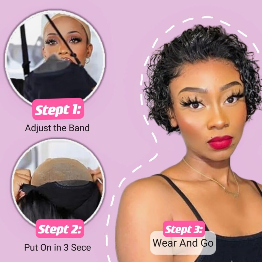 CJBZLCPCOO Wig  Wear and Go Gluelss Bob Wigs  Pre Cut Pre Plucked 4x4 Lace Closure No Glue Needed for Beginners Short Curly Human Hair Wigs For Women