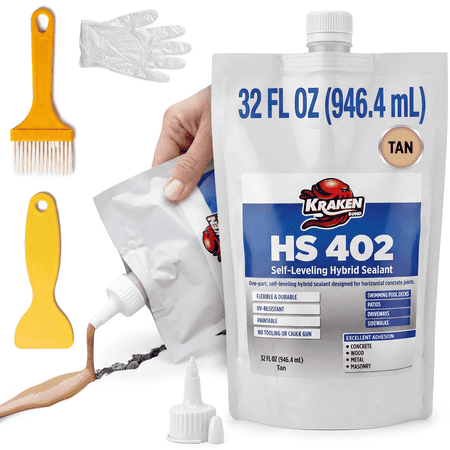 Kraken Bond HS 402 Concrete Crack Filler, Self-Leveling Joint Repair for Driveway, Patio, Sidewalk and Pool Deck, 32 fl oz, Tan, 1 Pack