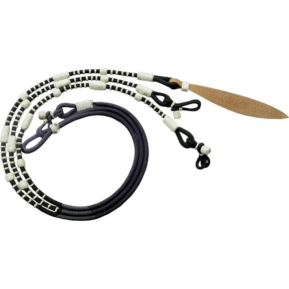 Black Nylon Rope Romel Reins with White Knots & Rawhide Leather – Handcrafted Horse Tack, 8.5 Ft Rein & 52" Romel