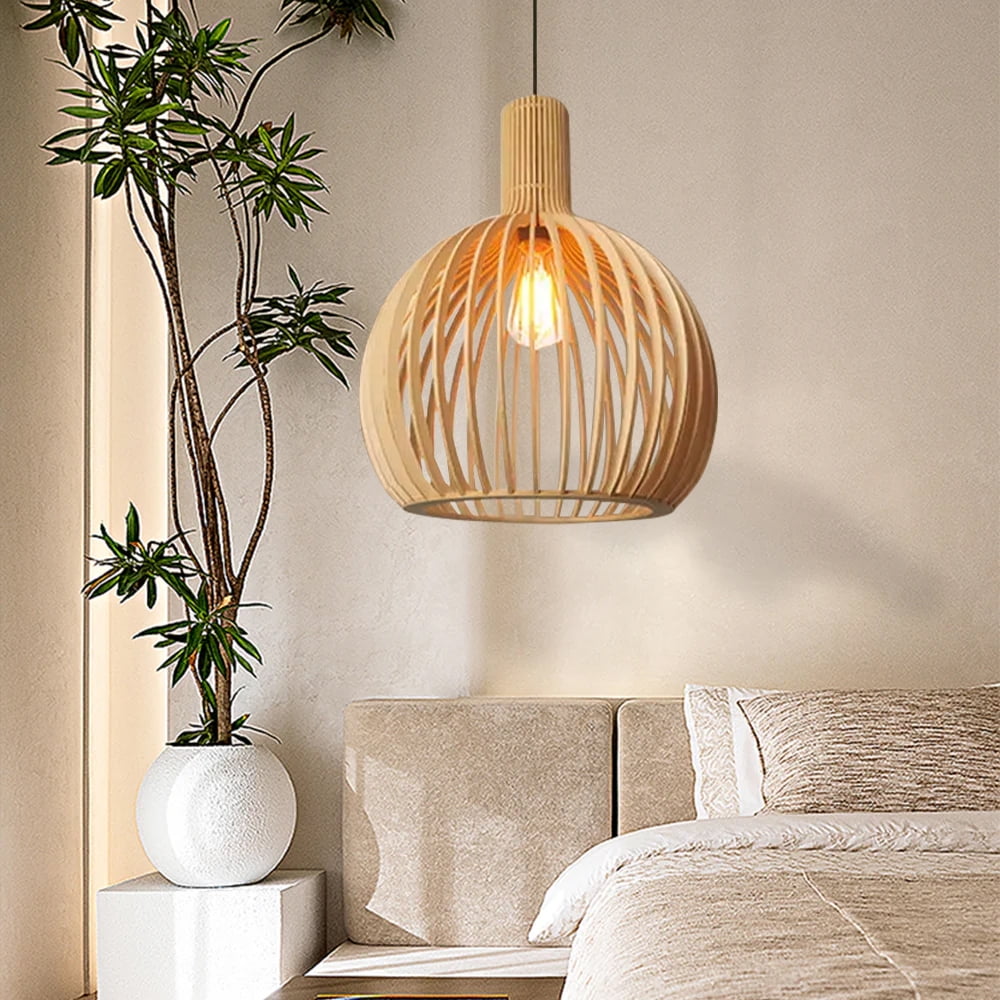 LittleGlovo Japanese Wooden Hanging Light Fixtures Handmade Restaurant Birdcage Chandelier
